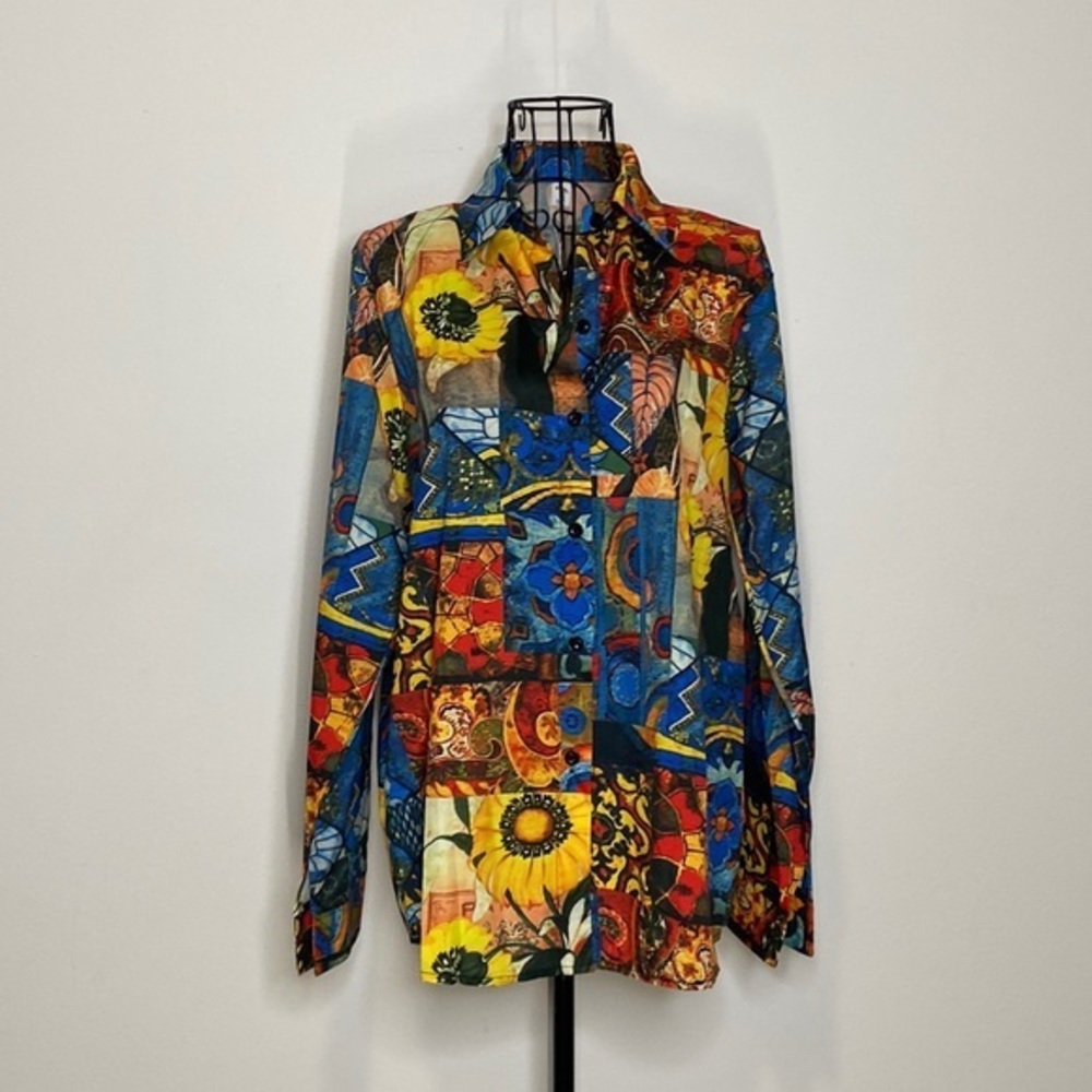 Soo Linen Silk Blend Floral Button Down Blouse